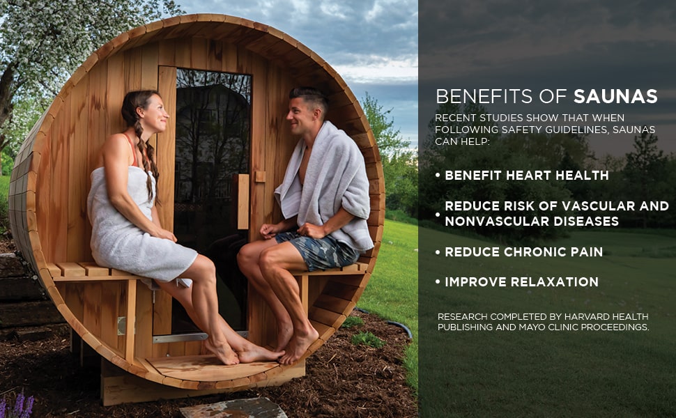 Couple outside discussing benefits of the wooden sauna.