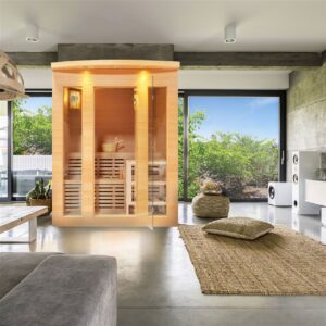 Indoor wooden wet sauna in a large room.